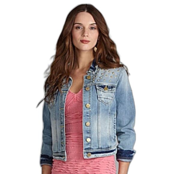 Chelsea & Violet Gold Studded‎ Jean Jacket Edgy Faded Denim Size Large - Picture 1 of 6